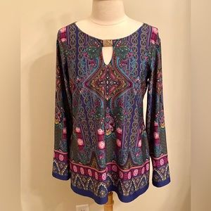 Melissa Paige Purple Pink Green Paisley Print Long Sleeve Business Career Top L